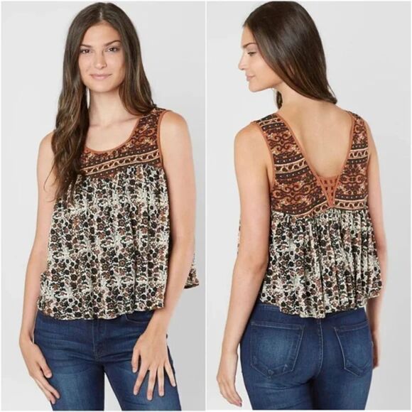 Free People Lucky Coin Tank Top Brown Linen Floral Small - Picture 1 of 8